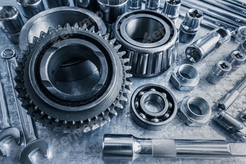Preview: Collection of various metal tools and parts arranged on a workbench in a workshop setting