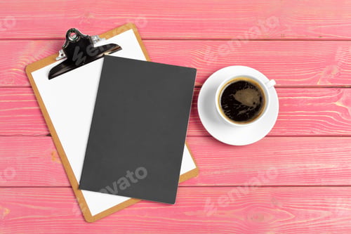 Preview: Paper on clipboard mock-up. Modern woman workplace