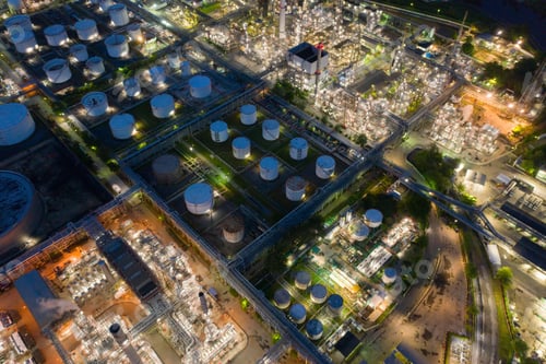 Preview: Petrochemical oil refinery in Bangkok City, Thailand. Oil and gas tanks in industry factory.