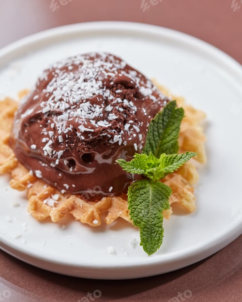 Preview: Crispy wafer with a scoop of chocolate ice cream decorated with green mint leaves and coconut chips