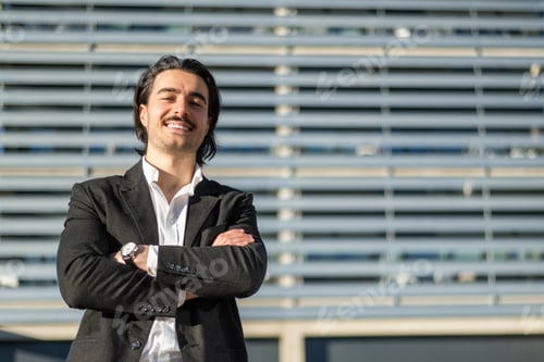 Preview: Smiling successful entrepreneur man standing outdoors business building