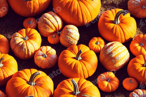 Preview: Colorful pumpkins collection. Autumn background.Happy halloween greeting card in flat lay style.