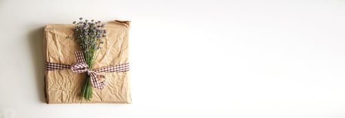 Preview: gift or present wrapped in simple eco-friendly paper. White background with copy space