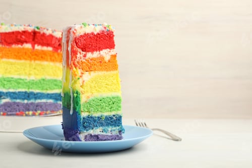 Preview: Piece of delicious rainbow cake on white table, closeup. Space for text