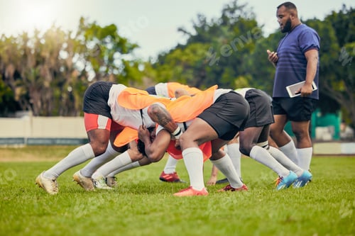 Preview: Rugby, scrum or men training with coach on grass field ready for match, practice or sports game. Fi