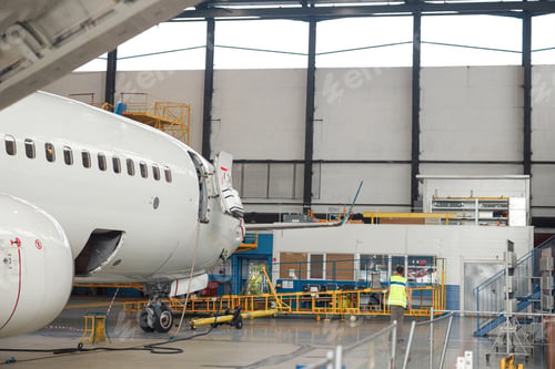 Preview: Aircraft. Passenger airplane under heavy maintenance in airport hangar indoors in the daytime