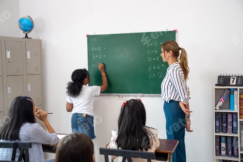 Visualização: Os alunos participam de aulas de matemática com o professor orientando-os em uma sala de aula