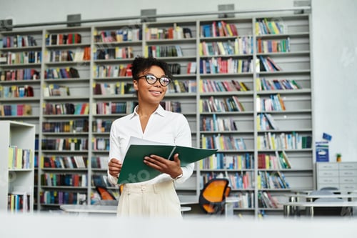 Preview: A dedicated African American teacher engaging students in a vibrant library setting