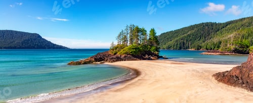 Preview: Canadian Nature Landscape on the West Coast of Pacific Ocean. Sandy Beach. Background Panorama.