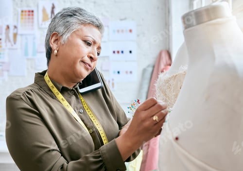 Preview: Phone call, textile and senior woman with tailor, design process and fabric communication for clien