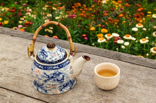Preview: Chinese teapot and cup with green tea on a wooden table on a background of bright colorful flowers