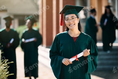 Preview: Happy Asian female student with bachelor's degree on her graduation day looking at camera.