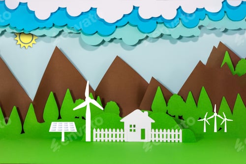 Preview: Nature landscape scenery with house and mountains, paper art cut. Travel and tourism concept.