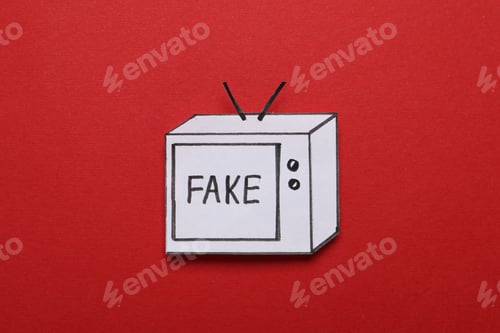 Preview: Paper TV with word Fake on red background, top view. Information warfare concept