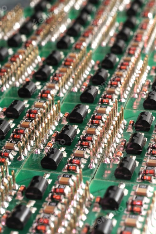 Preview: Close-up side view of a PCB board with SMD components