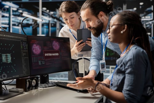 Preview: Engineering team in server room viewing security breach alert