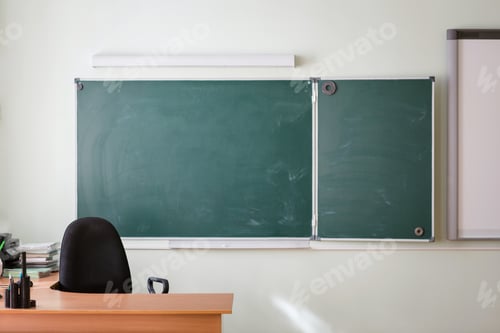 Preview: School classroom background without young student. view of class room no kids.