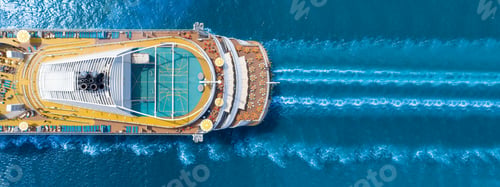 Preview: Aerial view of beautiful white cruise ship above luxury cruise close up at stern of cruise