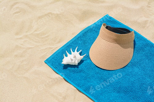 Preview: Towel, straw visor cap and seashell on sand, space for text. Beach accessories