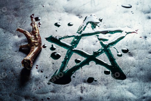 Preview: Pentagram painted with green paint on a metal table
