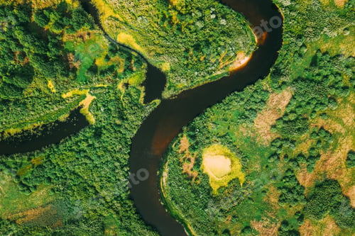 Preview: Aerial View Of Summer River Landscape In Sunny Summer Day. Top View Of Beautiful European Nature