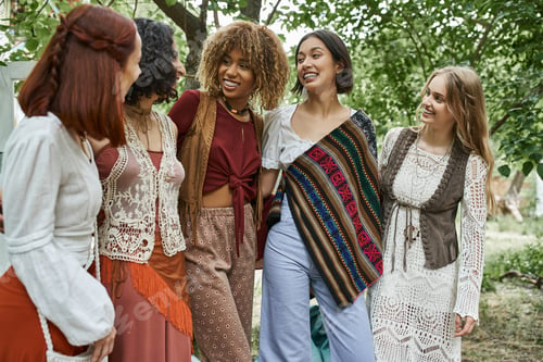 Preview: cheerful and stylish interracial group of women hugging outdoors in retreat center