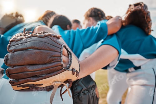 Preview: Baseball people and sport team together for huddle at match game on field for motivational support.