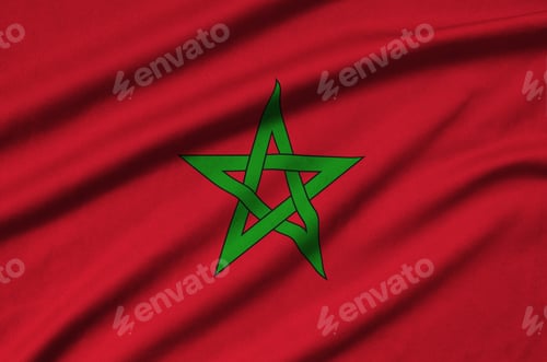 Preview: Morocco flag is depicted on a sports cloth fabric with many folds. Sport team waving banner
