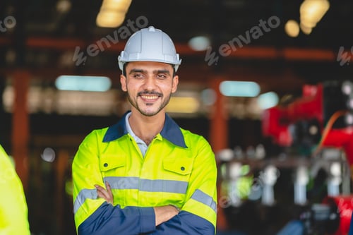 Preview: professional technician engineer with safety helmet working in industrial manufacturing factory