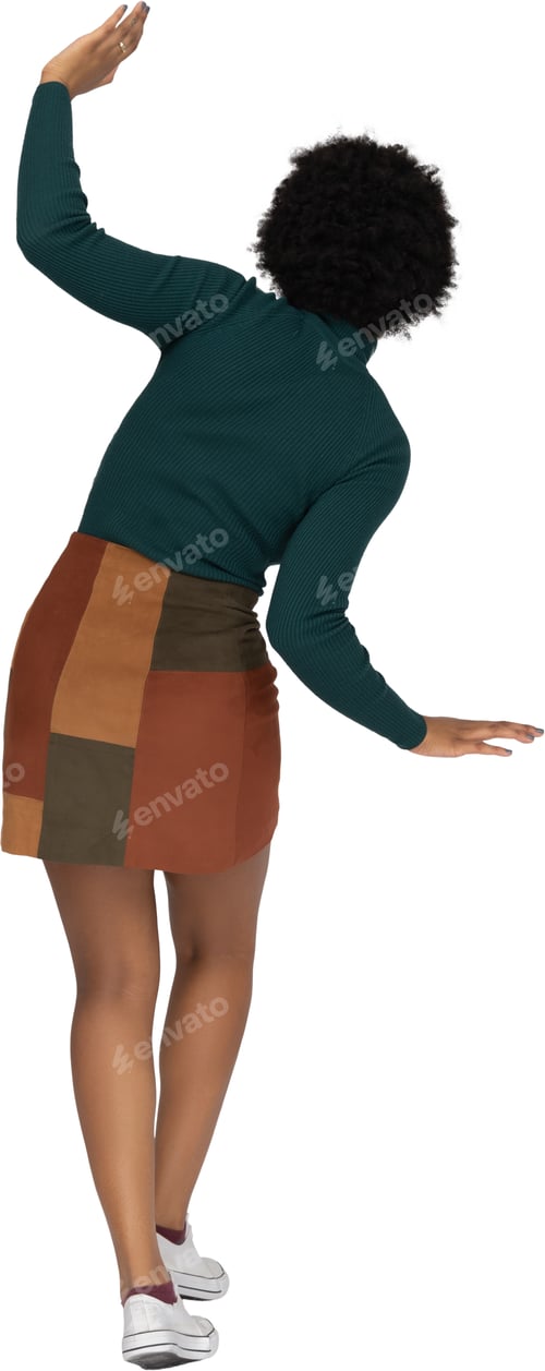 Preview: a woman in a green sweater and a brown skirt