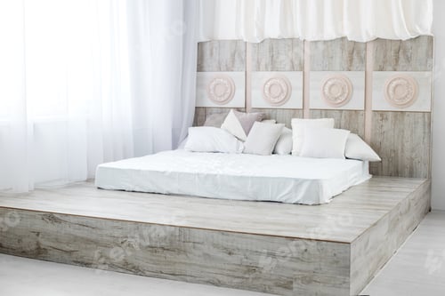 Preview: Bedroom with a bed. Concept interior, dream, lifestyle, rest.