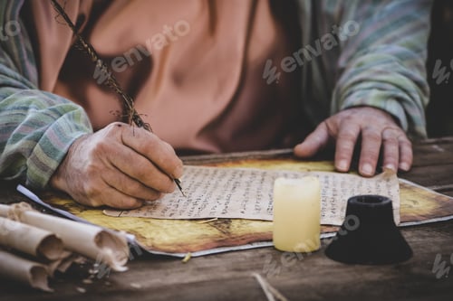 Preview: Closeup of man in a robe writing on old paper scrolls