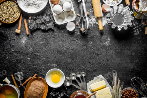 Preview: Baking background. Flour with cocoa, eggs and baking forms of the dough.