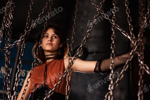 Preview: Graceful teen girl model 15-16 year posing in dark industrial room, looking away