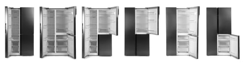 Preview: Collage of modern refrigerators on white background