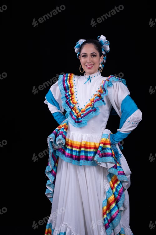 Preview: Latin woman dressed in a dress from Jalisco Mexico,