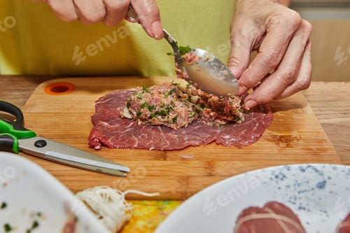 Preview: Chef wraps the minced meat in the meat to make meatloafs. French gourmet food