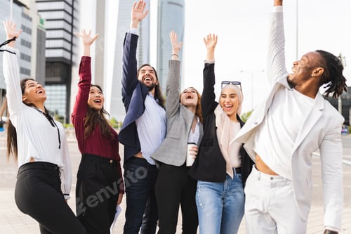 Preview: multiracial coworkers, raise their hands celebrating trade agreement, business.