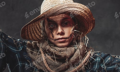 Preview: Awful scarecrow posing in dark background with hat