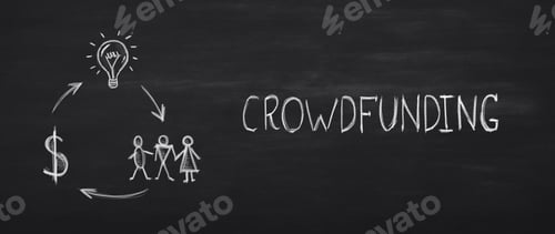 Preview: Crowdfunding white inscription with dollar sign, light bulb, people