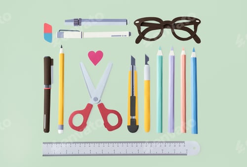 Preview: Pen Color Pencil Scissor Eraser Ruler Eyeglasses Concept