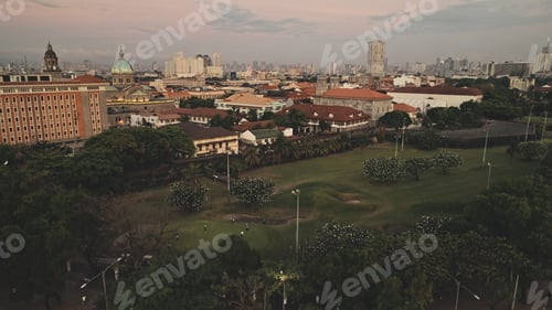Preview: Modern buildings, skyscrapers at traffic road with cars aerial. Cottages and houses of downtown area