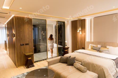 Preview: Young woman in the bathroom of a contemporary apartment