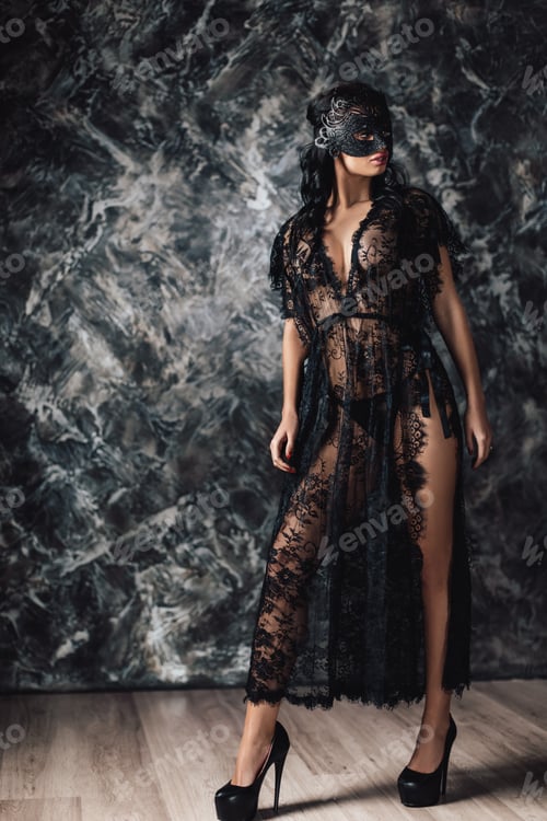 Preview: Sexy woman in lace black sensual robe and mask
