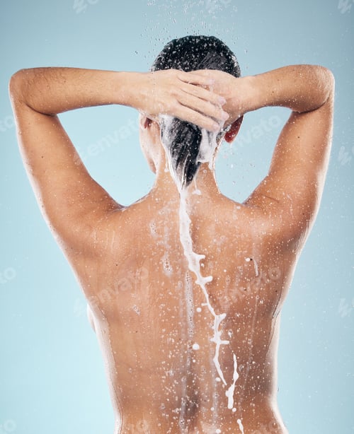 Preview: Hair care, shampoo or woman washing in shower for wellness or healthy head on blue background. Cosm
