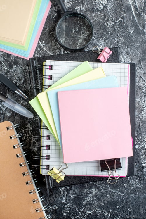 Preview: top view colored stickers with copybook on gray background job photo college office color business