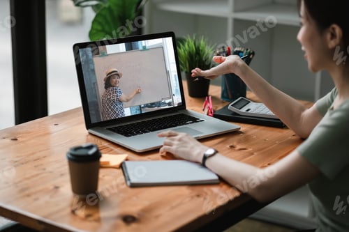 Preview: Video call, online business meeting, briefing. Successful asian freelancer waving hand and greeting