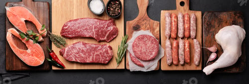 Preview: Various raw meat and fish. Steaks, sausages, salmon, chicken and spices