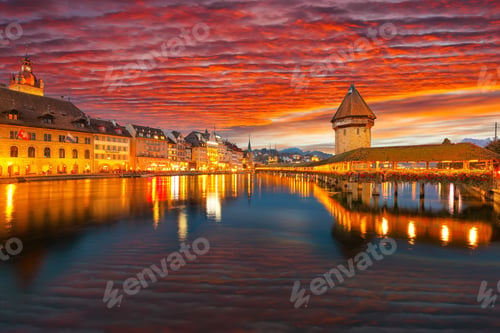 Preview: Marvelous historic city center of Lucerne with famous buildings and old wooden Chapel Bridge