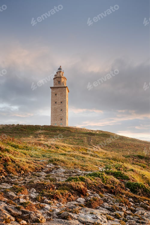 Preview: View of Tower of Hercules ancient roman lighthouse at sunset.